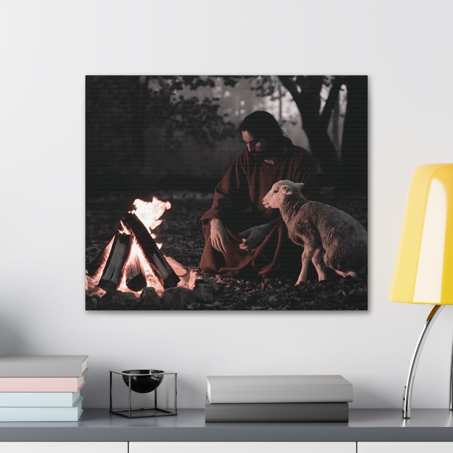 Canvas wall art featuring Jesus Christ with a lamb by a campfire, limited edition Christian decor.