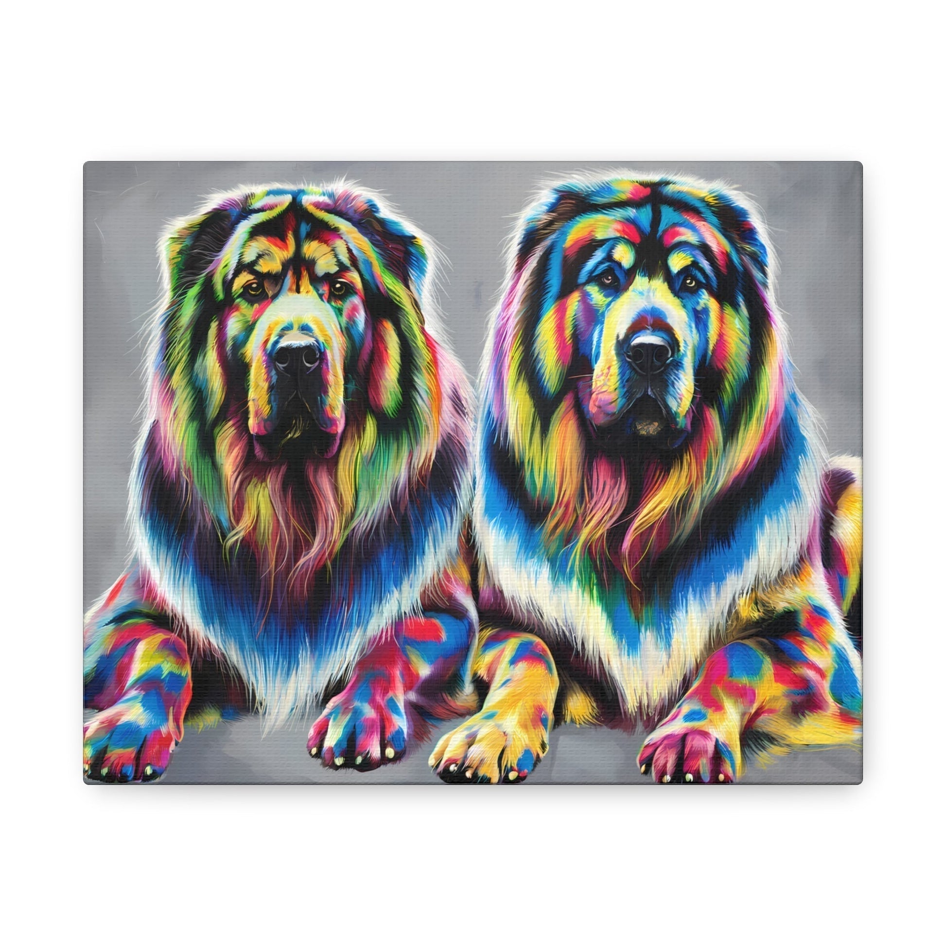 Rainbow Tibetan Mastiff canvas art with vibrant dog portraits and colorful design.