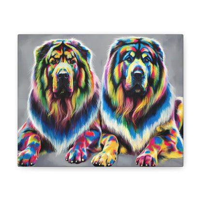 Rainbow Tibetan Mastiff canvas art with vibrant dog portraits and colorful design.