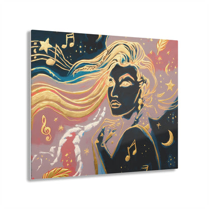 Abstract painting of a cosmic woman with flowing gold hair and musical notes, featuring celestial elements; modern wall decor from the "Dreams Of A Star Collection."