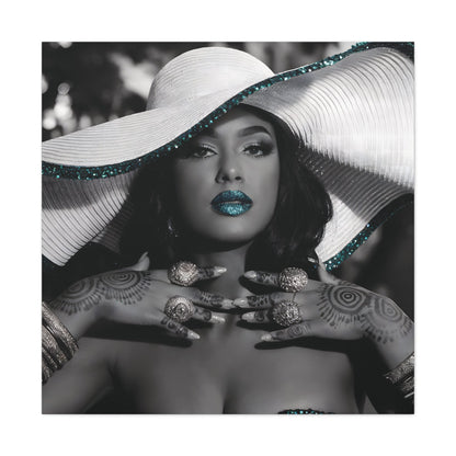 Black and white Vogue-style portrait canvas with dramatic lighting, featuring a confident woman wearing a wide-brimmed hat and blue glitter lipstick.