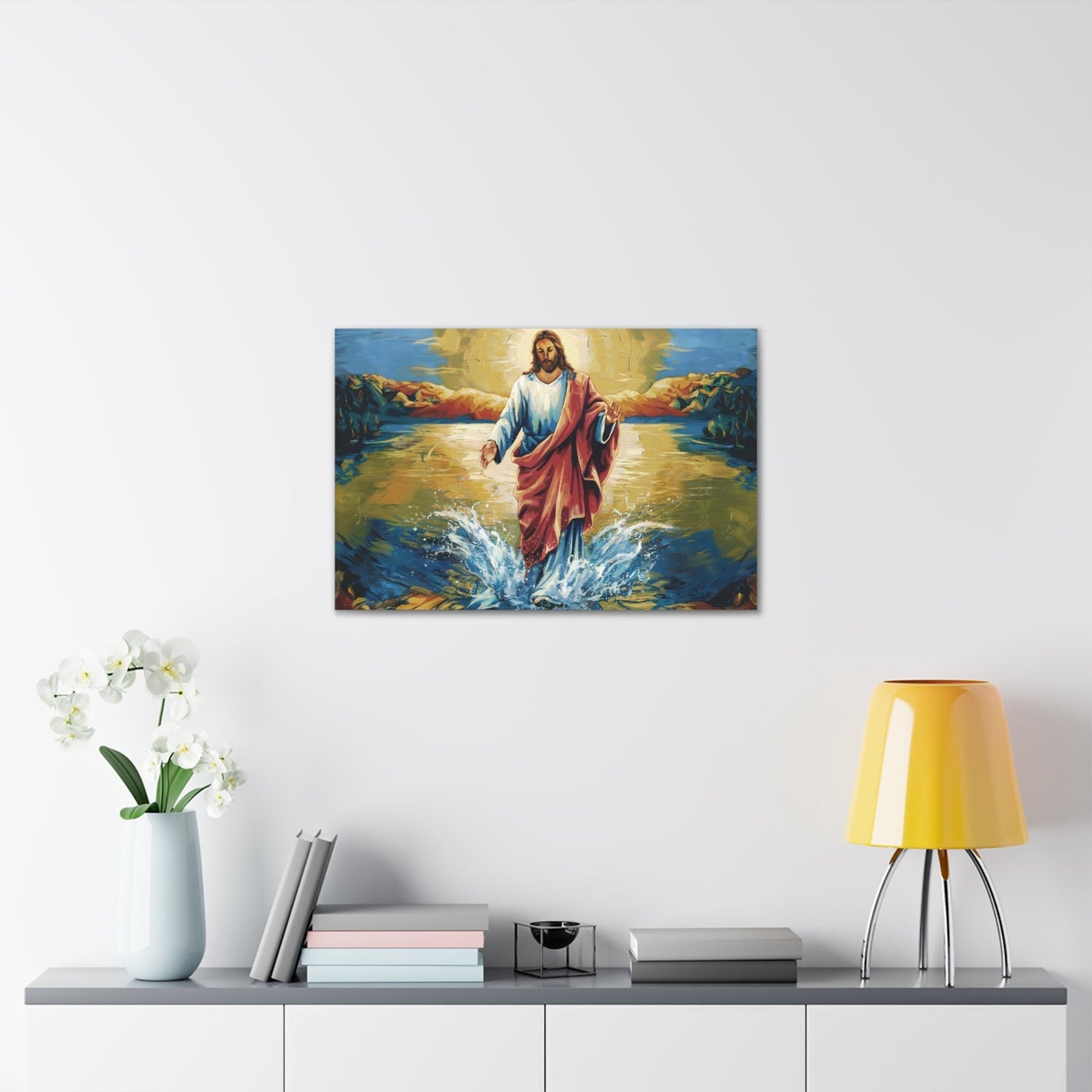 Jesus Christ Walking on Water Painting - Divine Radiance wall art on canvas displayed in a modern living room.