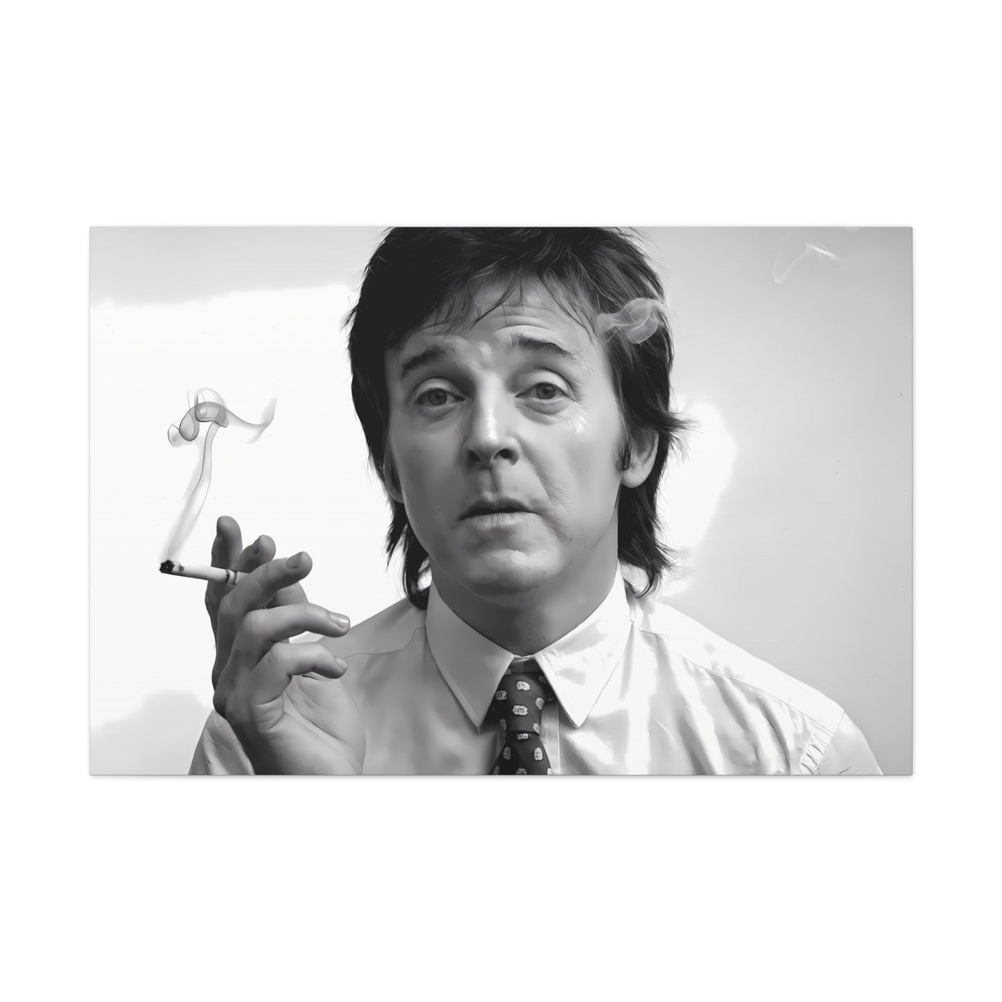 Paul McCartney black and white portrait with cigarette smoke, 1960s inspired wall art.