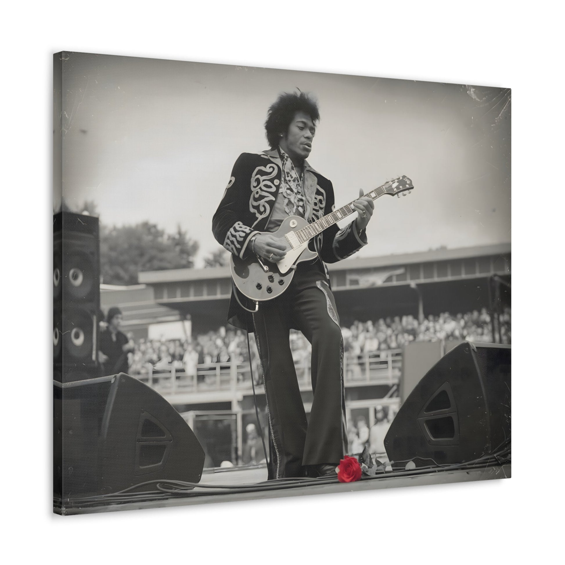 Vintage-Style Jimi HendrixVintage-Style Jimi Hendrix Performance Photo - Unique Black-and-White CanvasExperience the raw energy of Jimi Hendrix in this vintage-style black-and-white photo. This unique art print captures the iconic guitarist mid-performance, surrounde