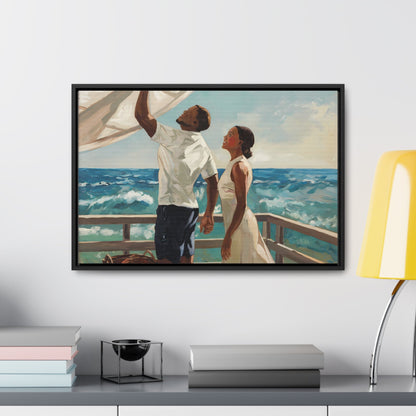 African American Couple Painting featuring coastal scene on wooden deck with ocean waves.