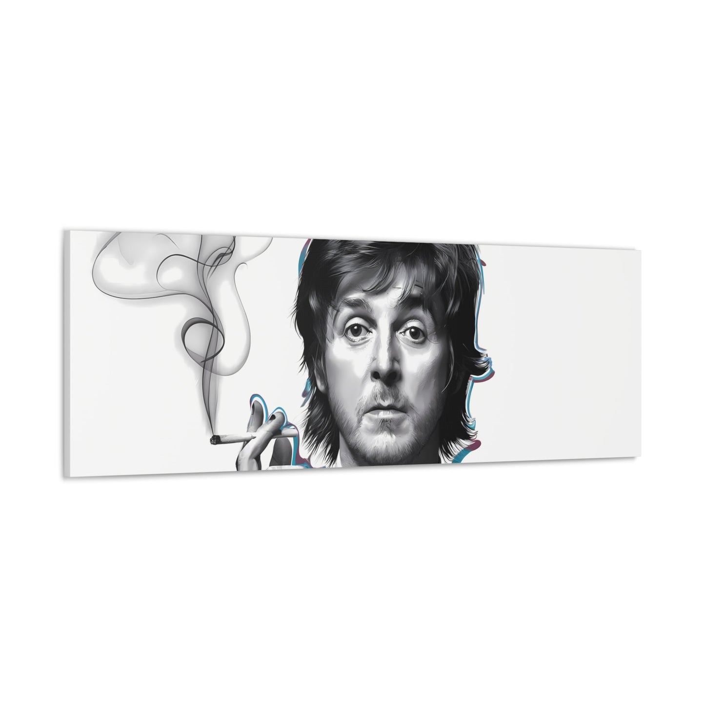 Surrealist portrait of Paul McCartney with cigarette and geometric tie on canvas gallery wrap.