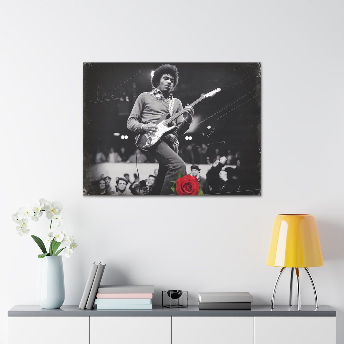 Jimi Hendrix Vintage PerformanceTimeless Passion: Jimi Hendrix Vintage Performance | Canvas Gallery WrCanvasJimi Hendrix Vintage Performance | Canvas Gallery Wrap | Iconic Rock Wall Art
Jimi Hendrix Vintage Photo Art - Black and White with Red Rose Accent
 Experience the r