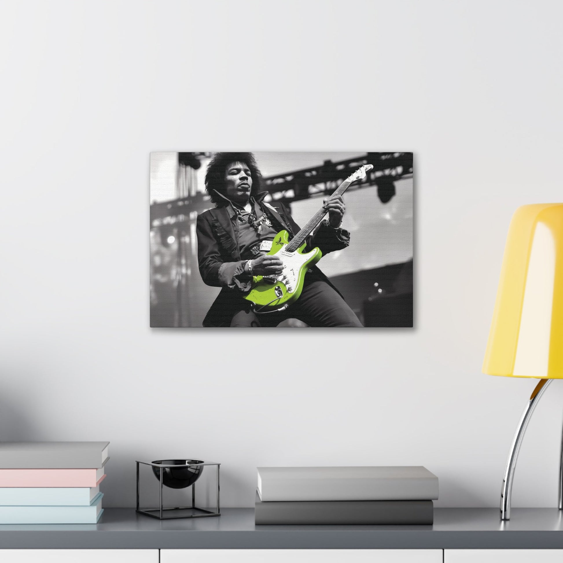 Monochrome Jimi Hendrix portrait with neon green guitar, wall art for music lovers.