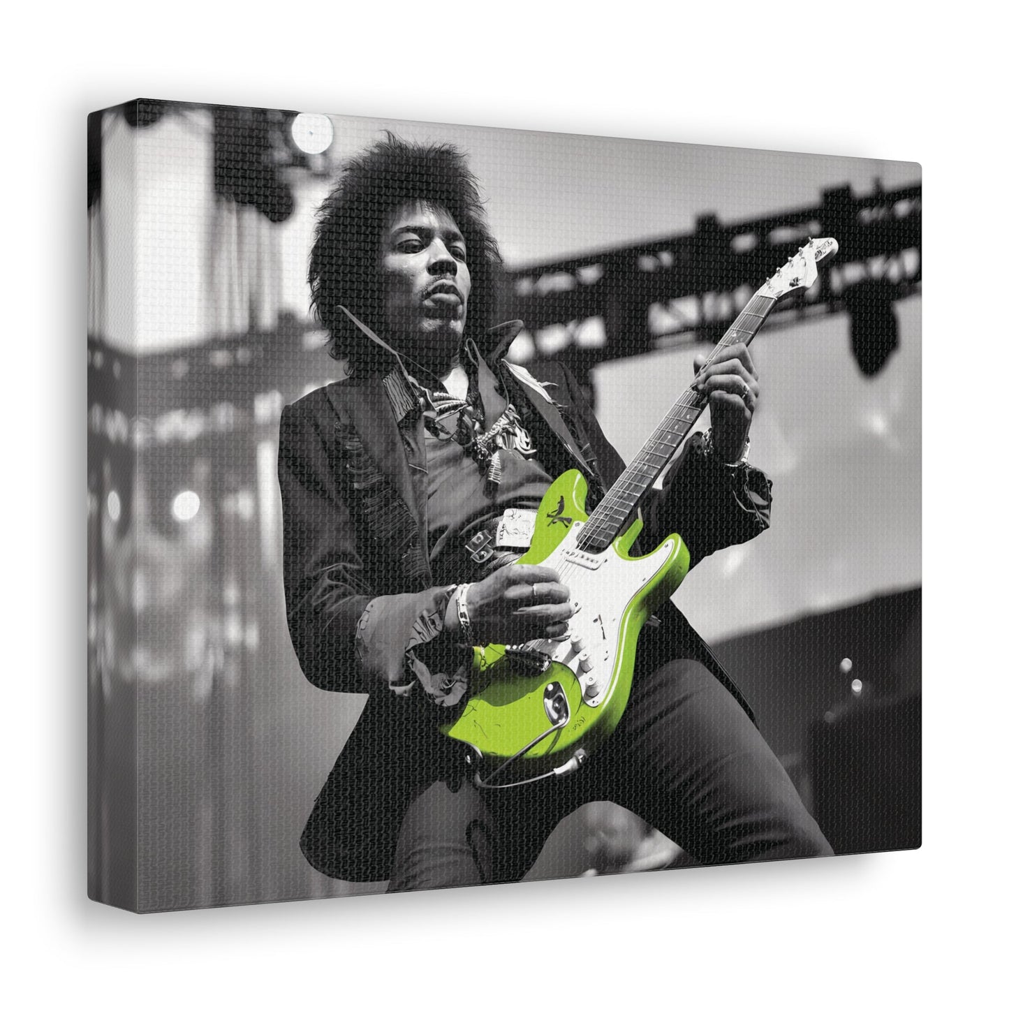 Monochrome portrait of musician playing neon green guitar on stage; perfect wall art for rock enthusiasts.